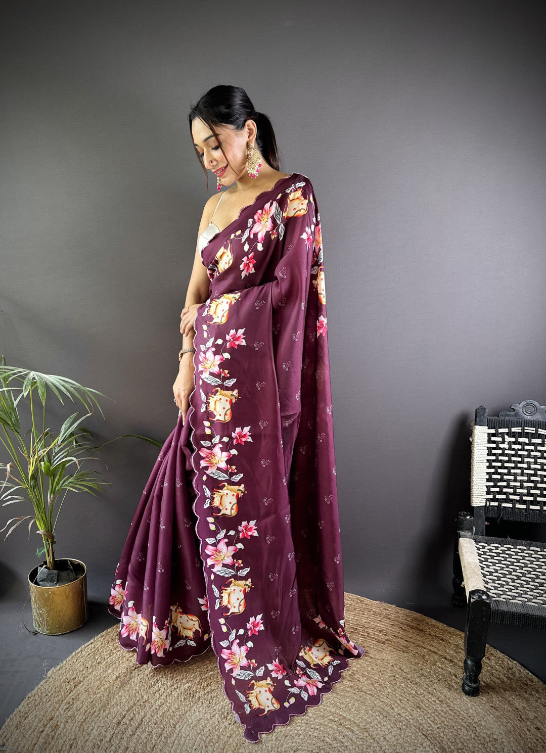 Magenta Gadhwal Silk Saree With Pichwai Print And Embroidery Cut Work