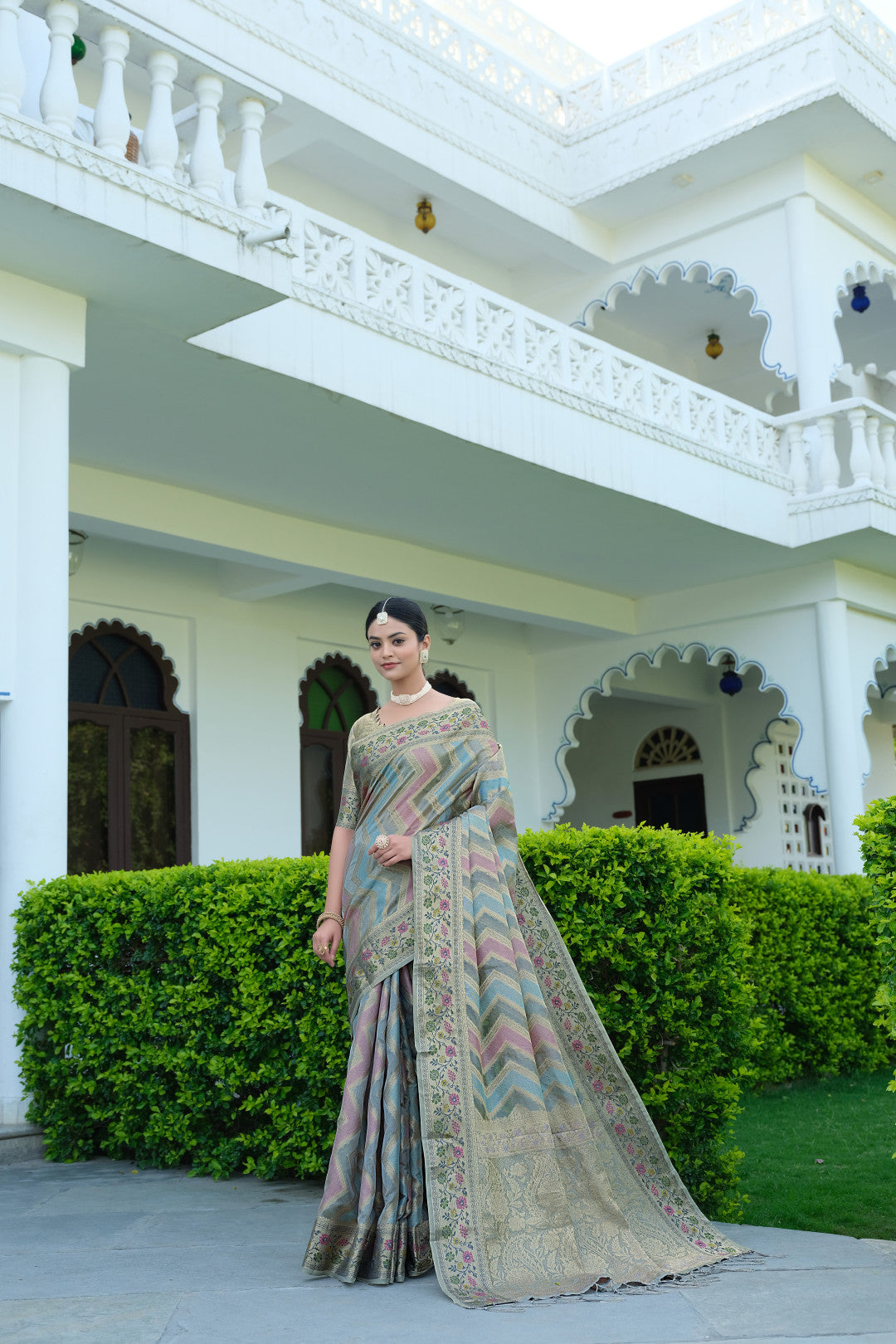 Gray Color Soft Organza Silk Saree With Zari Weaving Work
