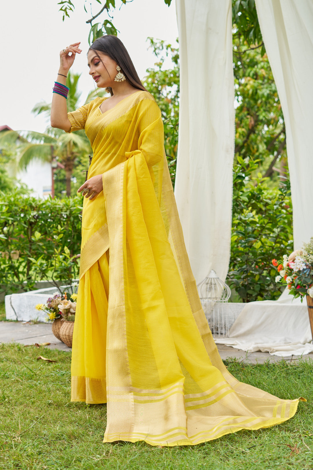 Yellow Color Linen Cotton Saree With Zari Weaving Border