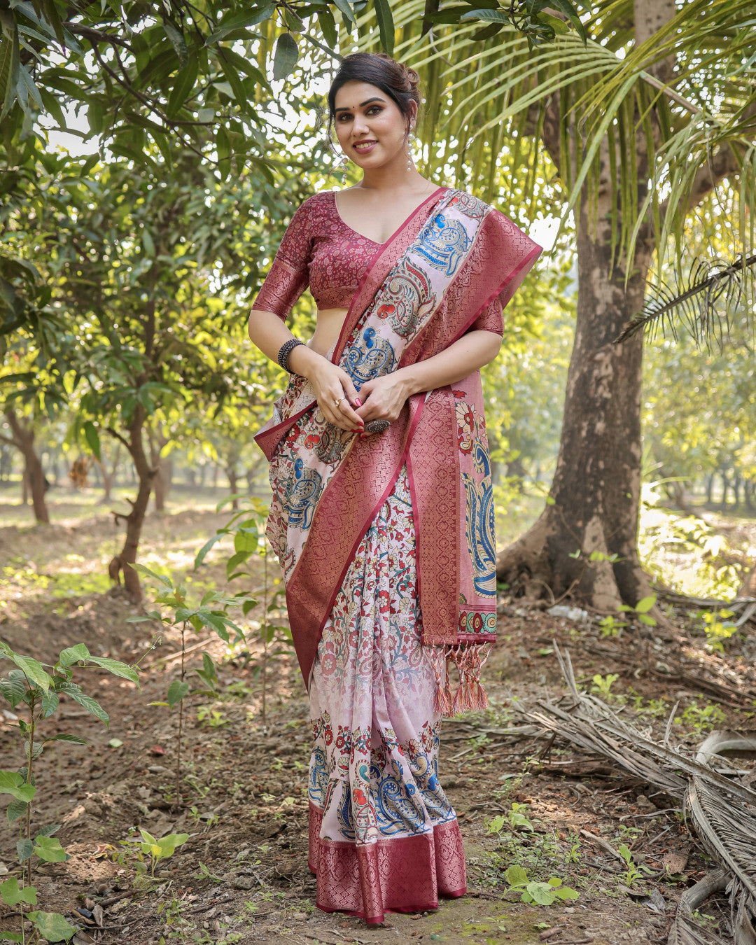 Multi Fancy Kalamkari Digital Printed Tussar Silk Saree