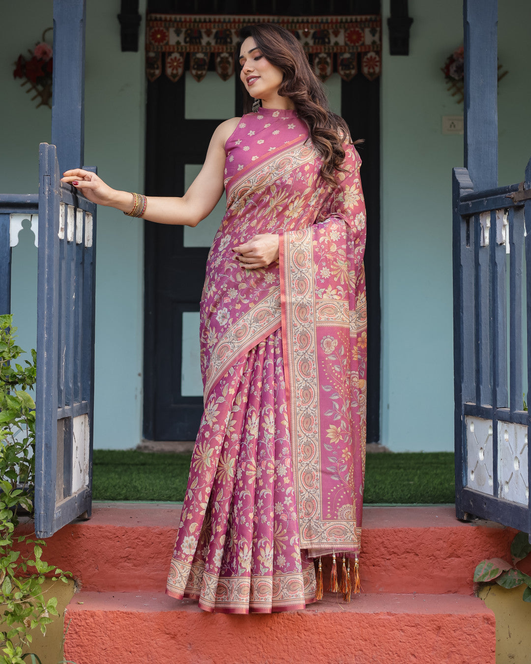 Kalamkari Digital Printed Linen Cotton Saree