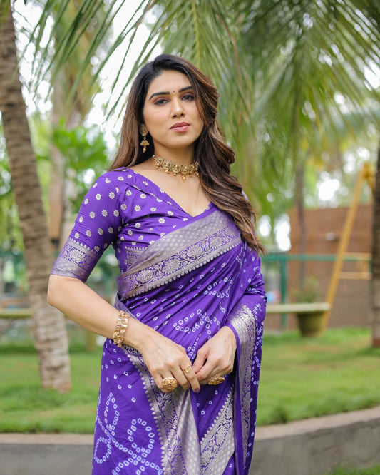 Violet Color Hand Bandhej Silk Saree With Zari Weaving Work