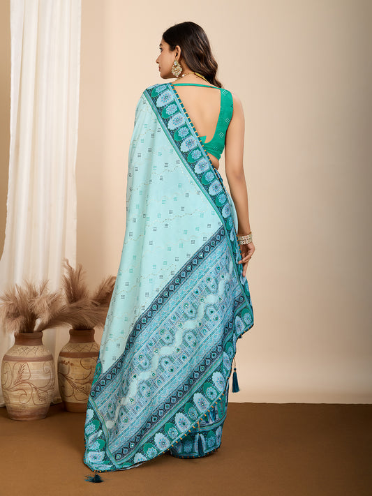 Sky Blue Fancy Muslin Cotton Saree With Digital Printed Work