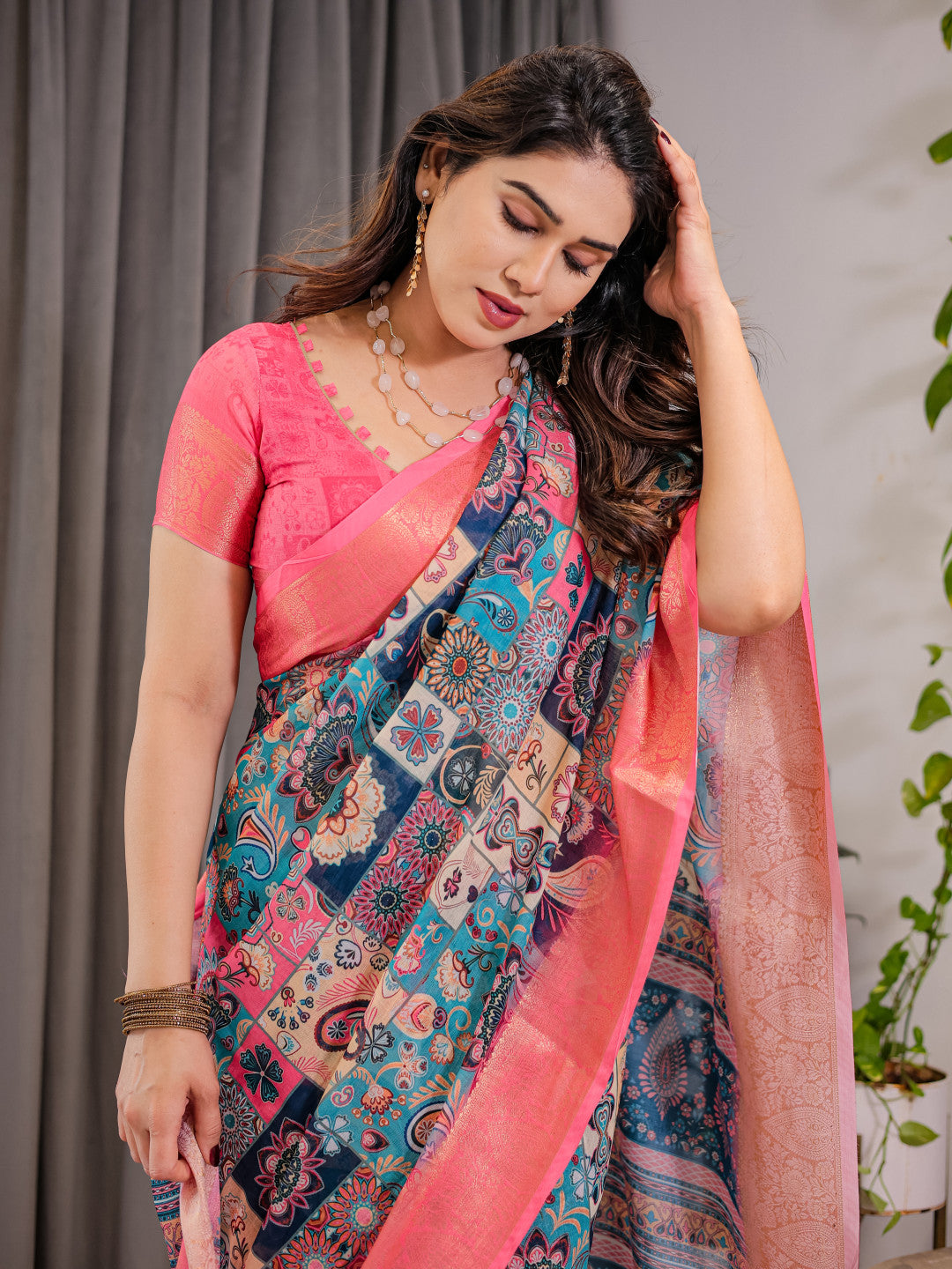 Kalamkari Digital Printed Linen Cotton Saree