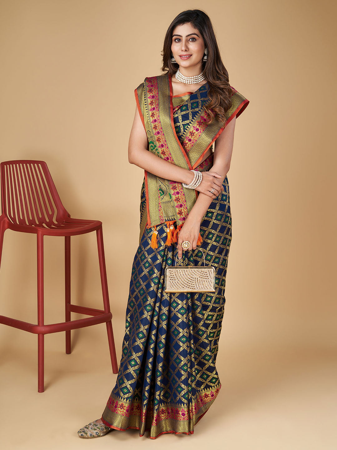 Navy Blue Color Patola Silk Saree With Zari Weaving Work
