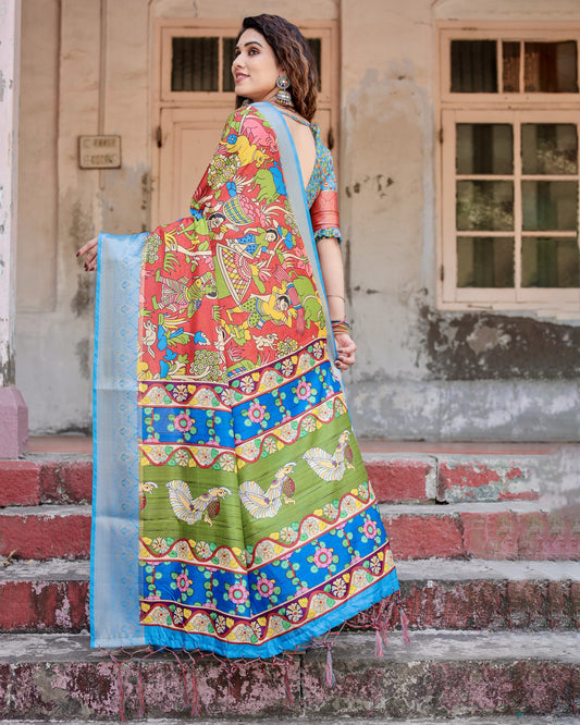 Multi Fancy Kalamkari Digital Printed Tussar Silk Saree