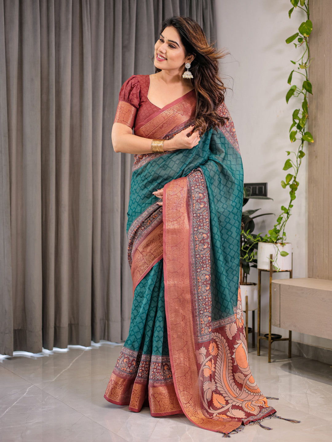 Kalamkari Digital Printed Linen Cotton Saree