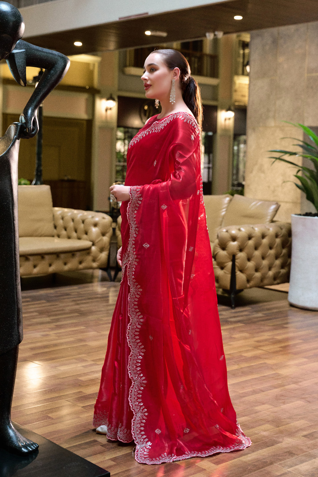 Red Fancy Shimmer Chiffon Saree With Embroidery Work