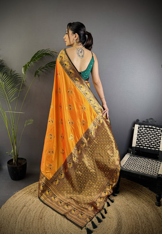 Orange Traditional Banarasi Silk Saree With Zari Weaving Work
