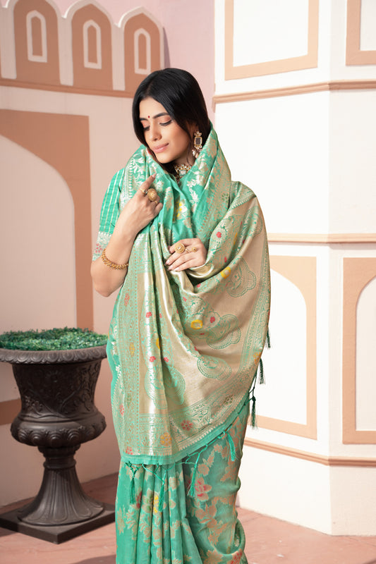 Sea Green Banarasi Cotton Silk Saree With Zari Woven Work