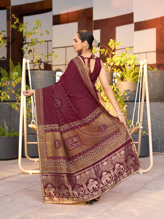 Maroon Stylist Soft Cotton Saree With Unique Table Printed & Lace Border