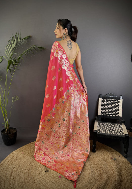 Peach Premium Banarasi Silk Saree With Meenakari Zari Weaving Work