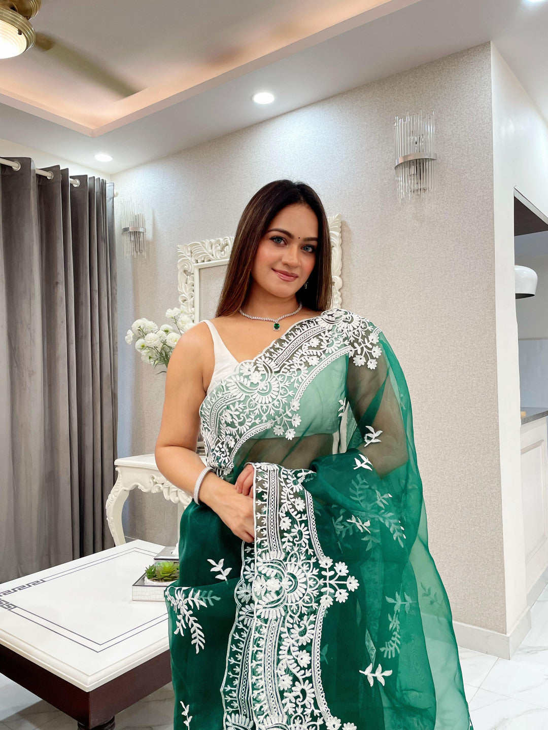 Organza Silk Saree With Embroidery Work