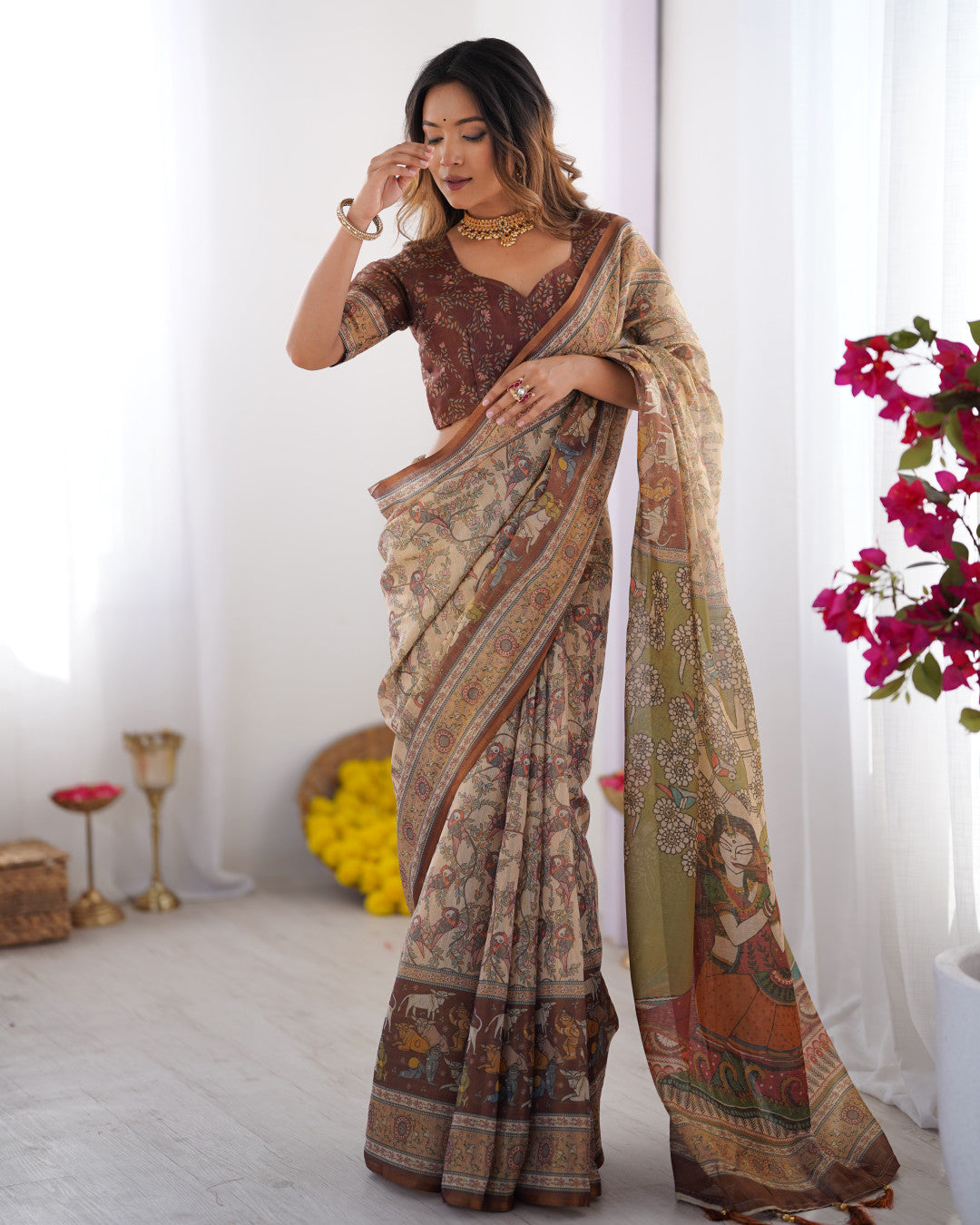 Multi Color Kalamkari Digital Printed Linen Cotton Saree