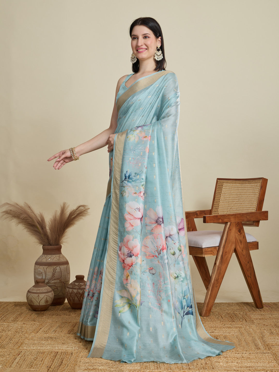 Sky Blue Soft Cotton Saree With Floral Digital Printed Pallu & Zari Border