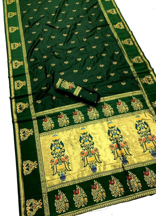 Green Paithani Silk Saree With Meenakari Zari Weaving Work