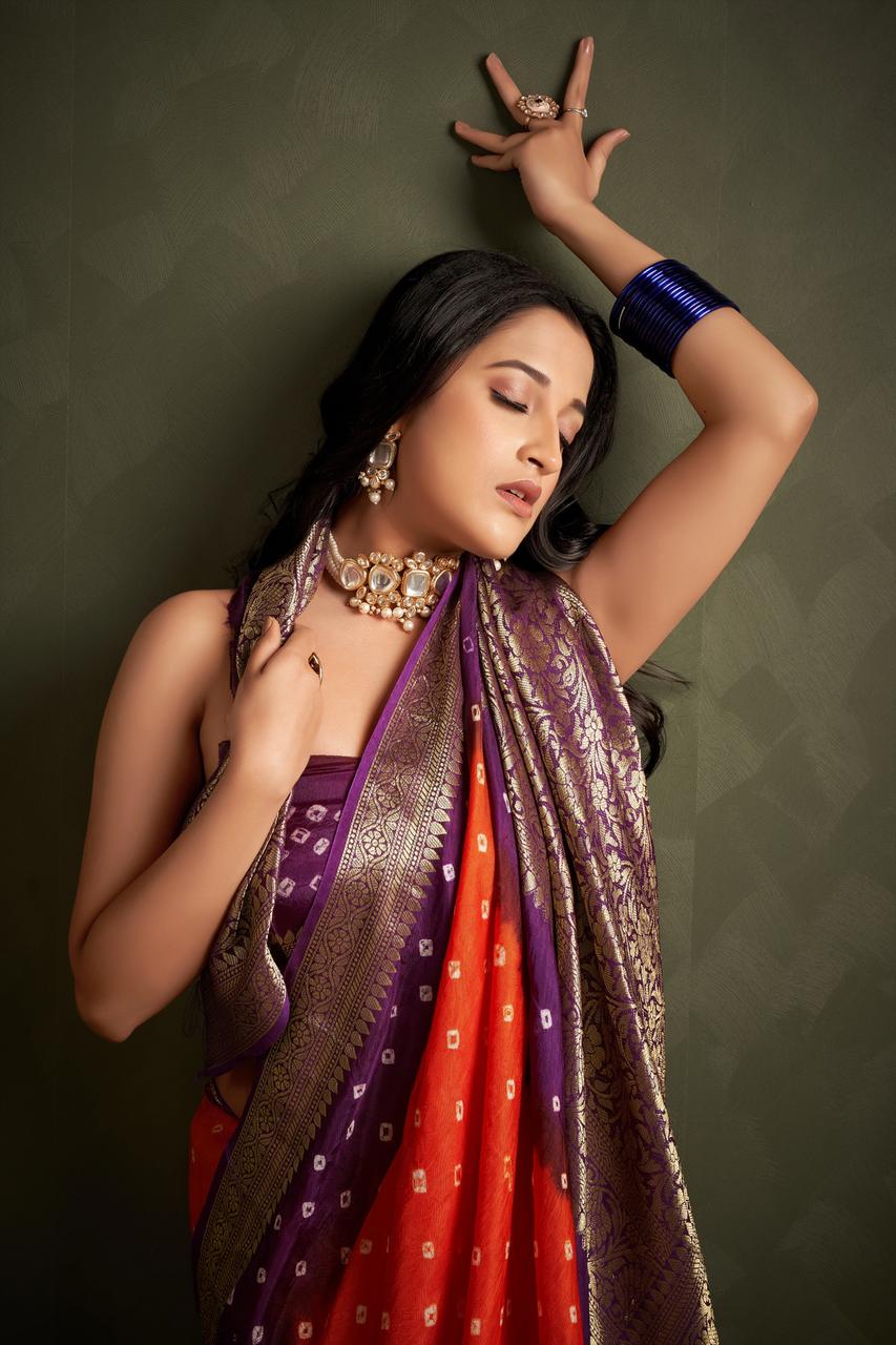 Hand Bandhej Bandhani Saree With Zari Border
