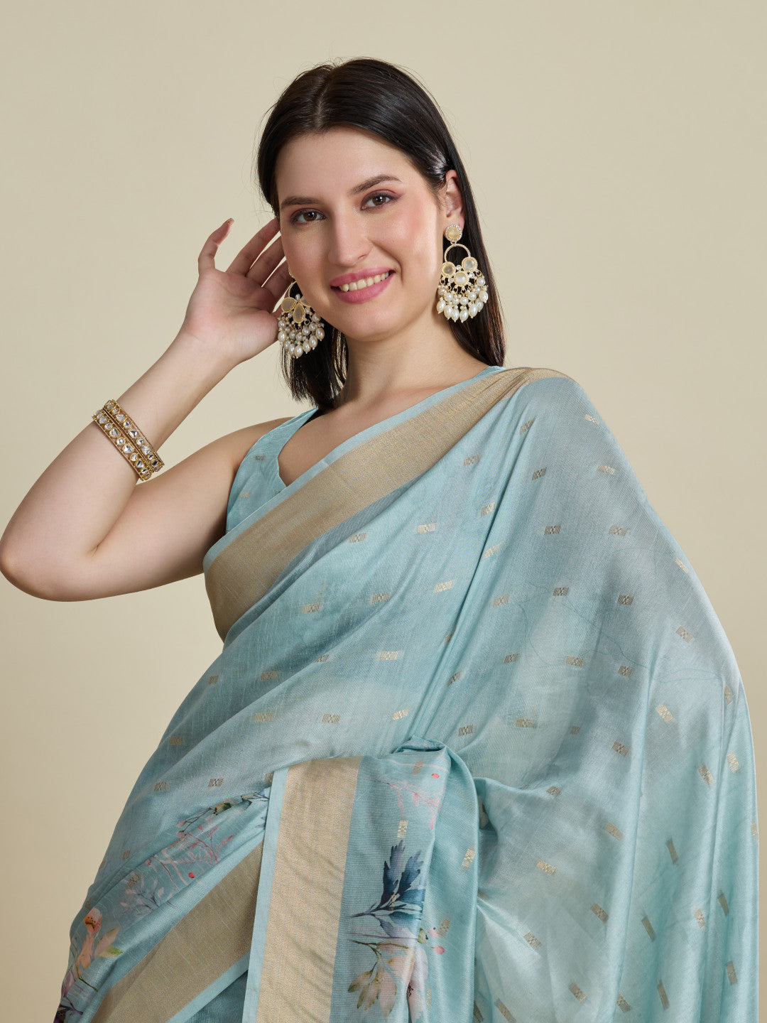 Sky Blue Soft Cotton Saree With Floral Digital Printed Pallu & Zari Border