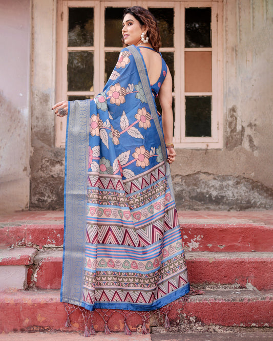 Blue Digital Kalamkari Printed Tussar Silk Saree With Zari Motif Border