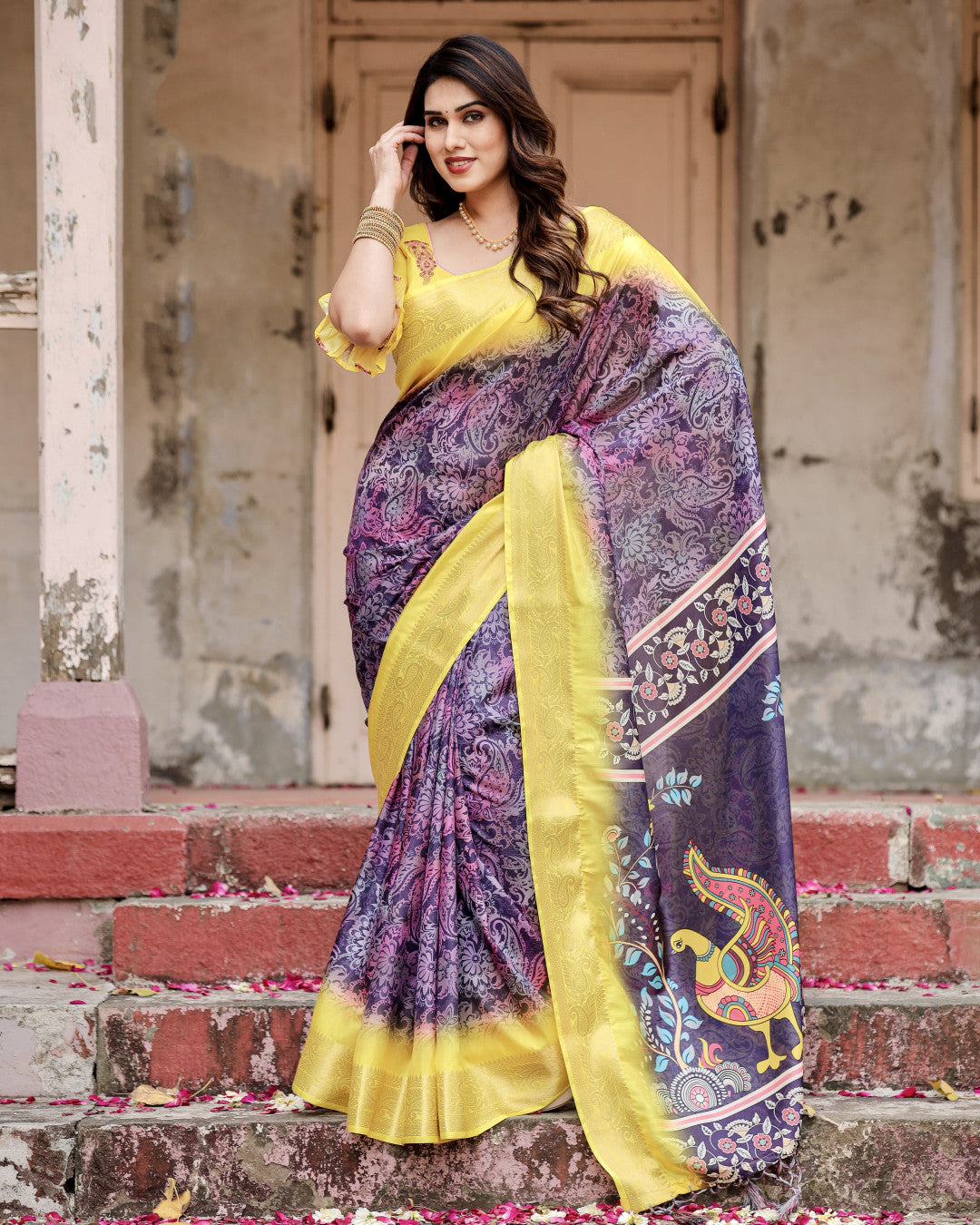 Magenta Kalamkari Digital Printed Dola Silk Saree With Gold Zari Border