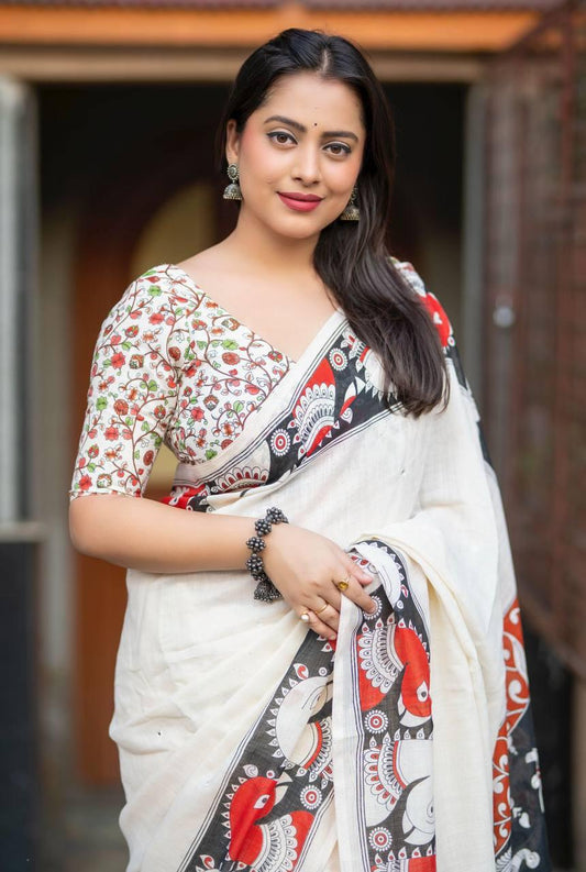 White Soft Linen Cotton Saree With Kalamkari Printed Work