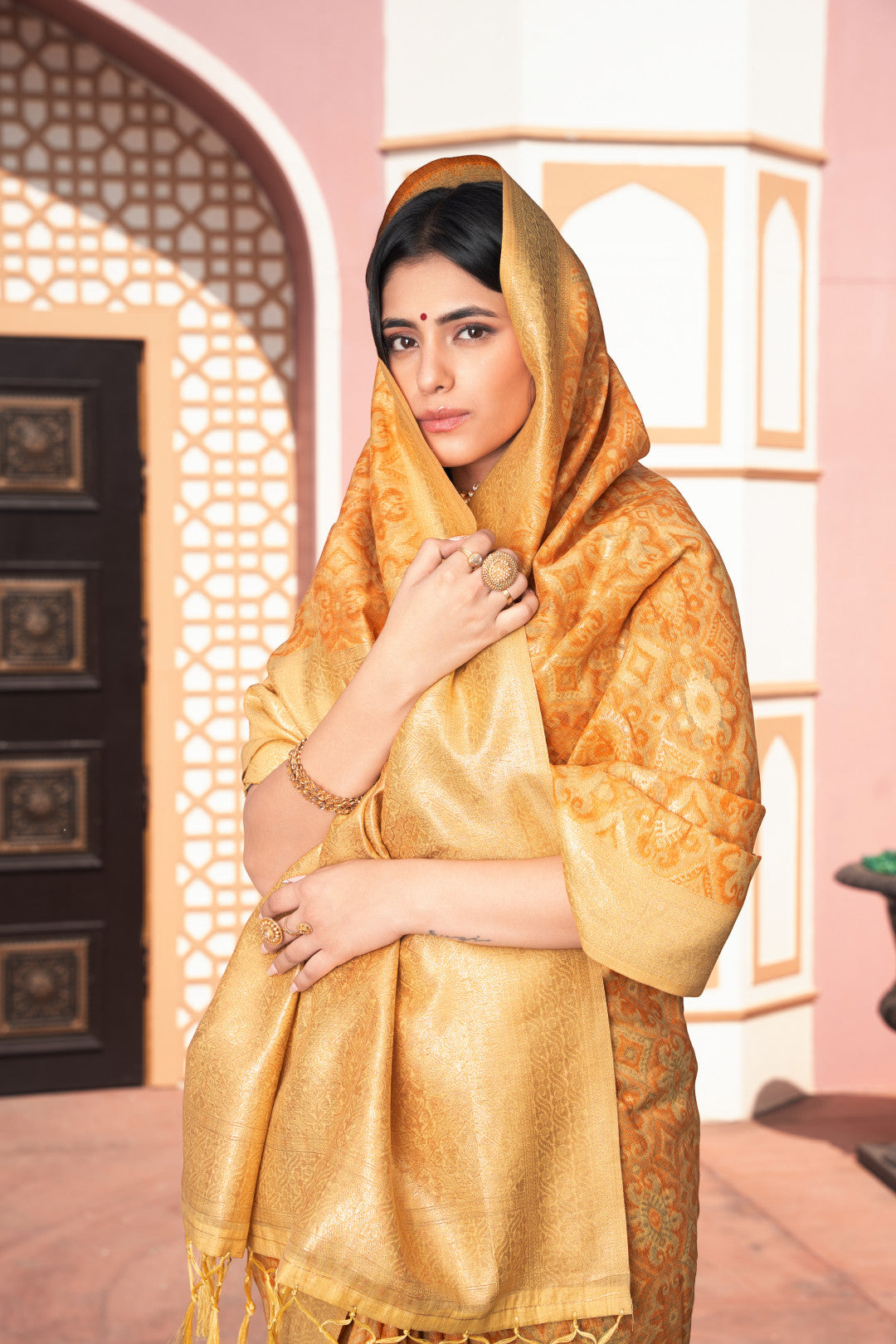 Yellow Cotton Ikkat Silk Saree With Zari Woven Work