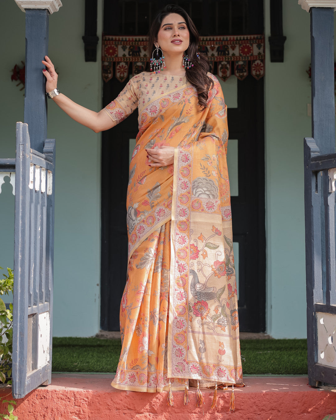 Soft Linen Cotton Saree With Kalamkari Printed Work