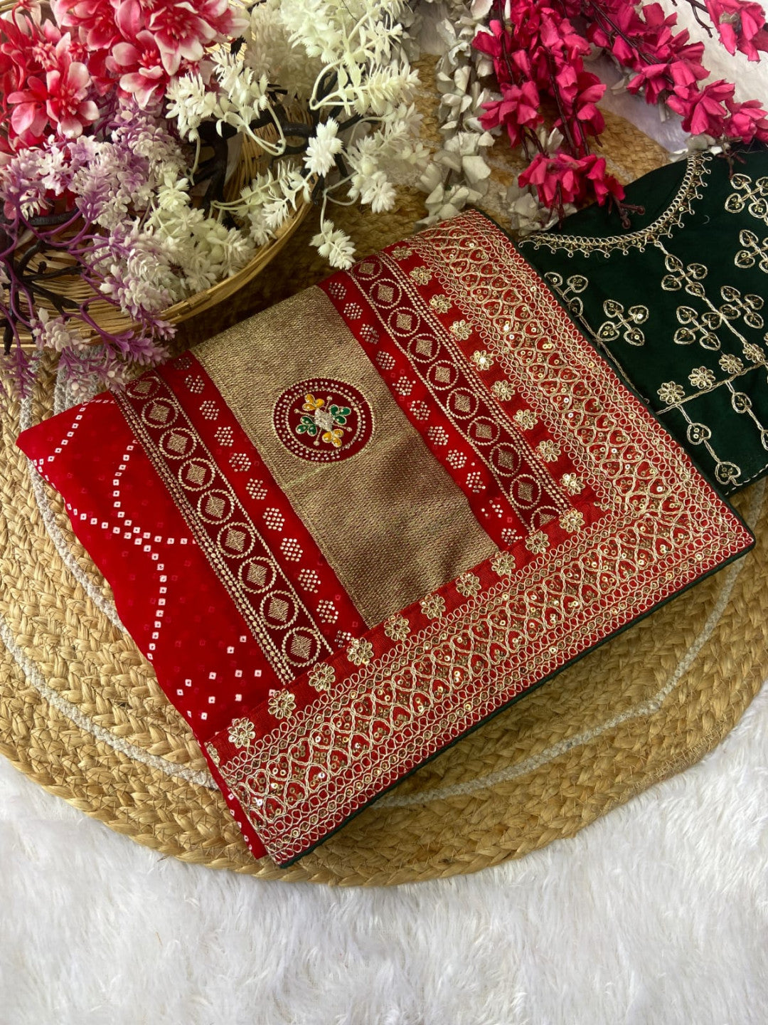 Red Vichitra Silk Saree With Khadi Bandhej Heavy Pallu With Hotpcs C Pallu Work