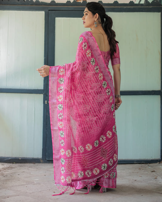 Babypink Soft Linen Cotton Saree With Digital Printed Work