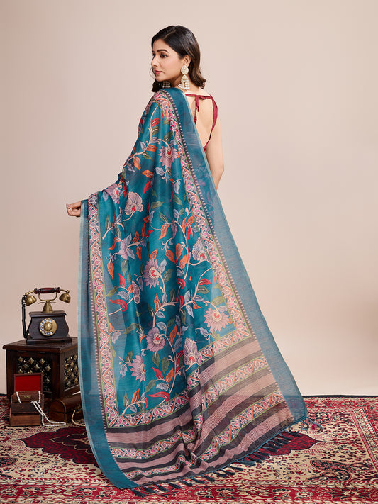 Rama Green Soft Linen Cotton Saree With Kalamkari Digital Printed Work