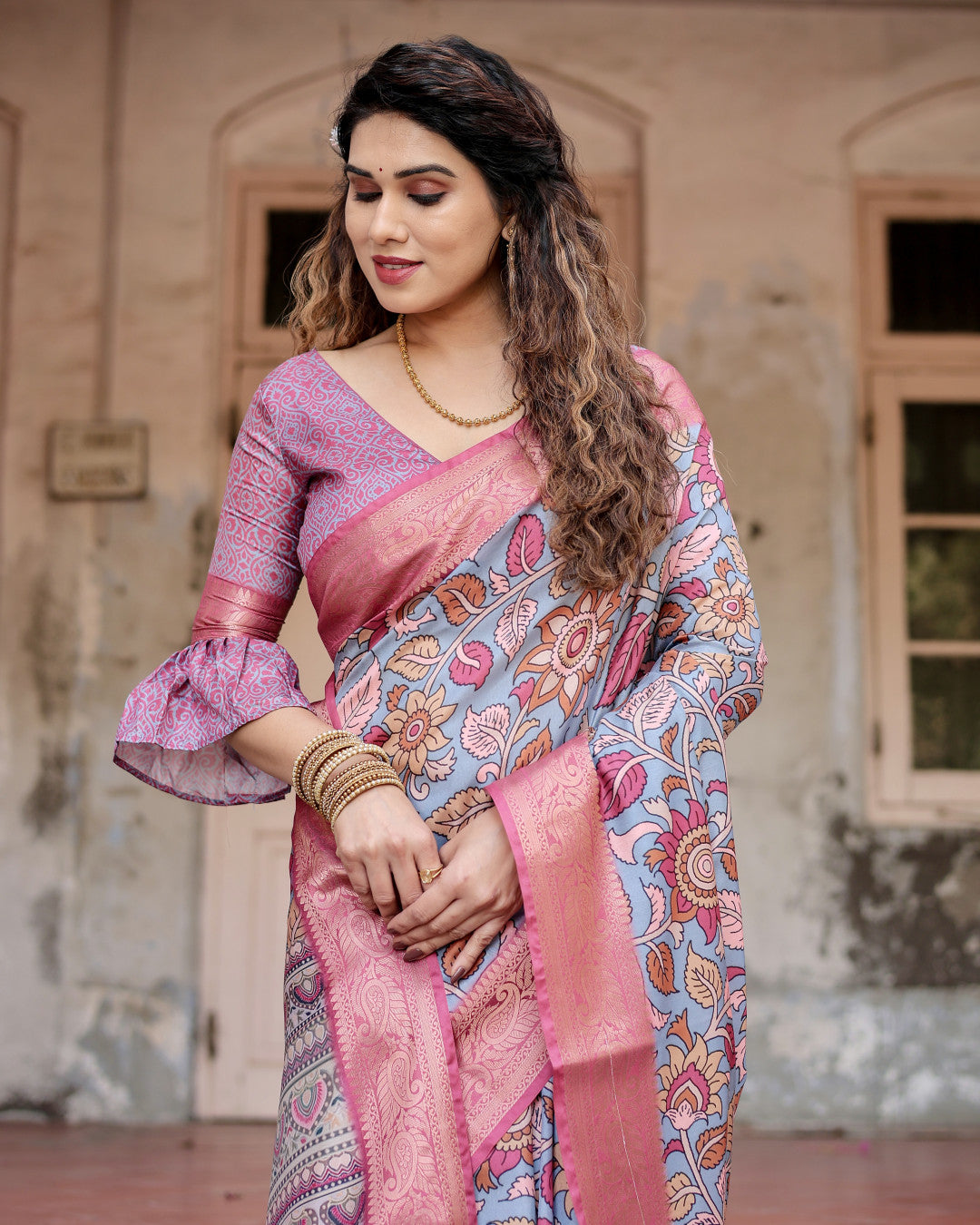 Multi Kalamkari Digital Printed Dola Silk Saree With Gold Zari Border