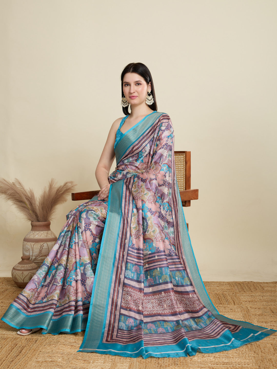Multi Soft Cotton Saree With Digital Printed Pallu & Zari Border