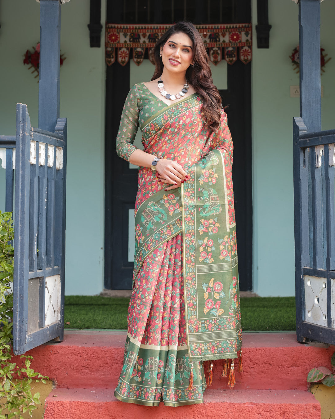 Kalamkari Digital Printed Linen Cotton Saree