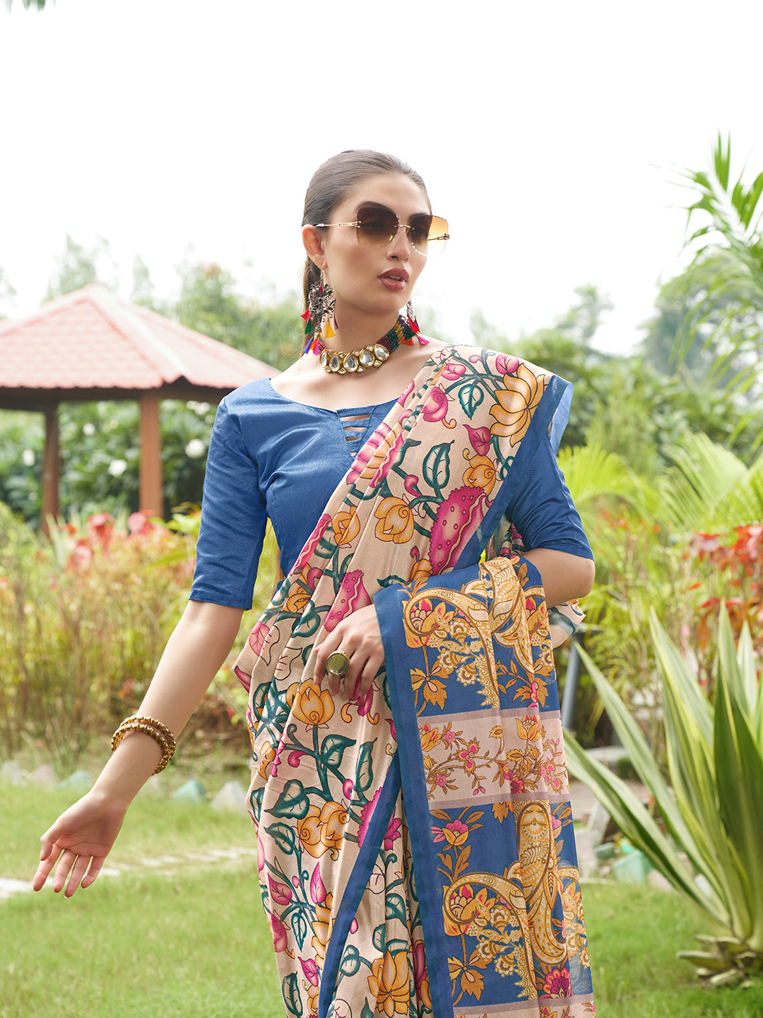Blue Kalamkari Printed Designer Tussar Silk Saree