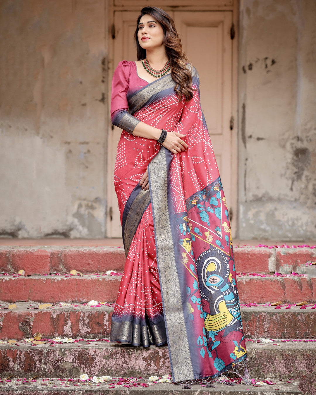 Pink Kalamkari Digital Printed Dola Silk Saree With Gold Zari Border
