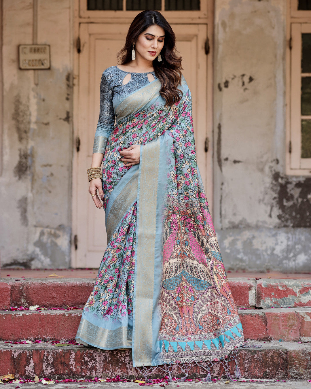 Multi Kalamkari Digital Printed Dola Silk Saree With Gold Zari Border