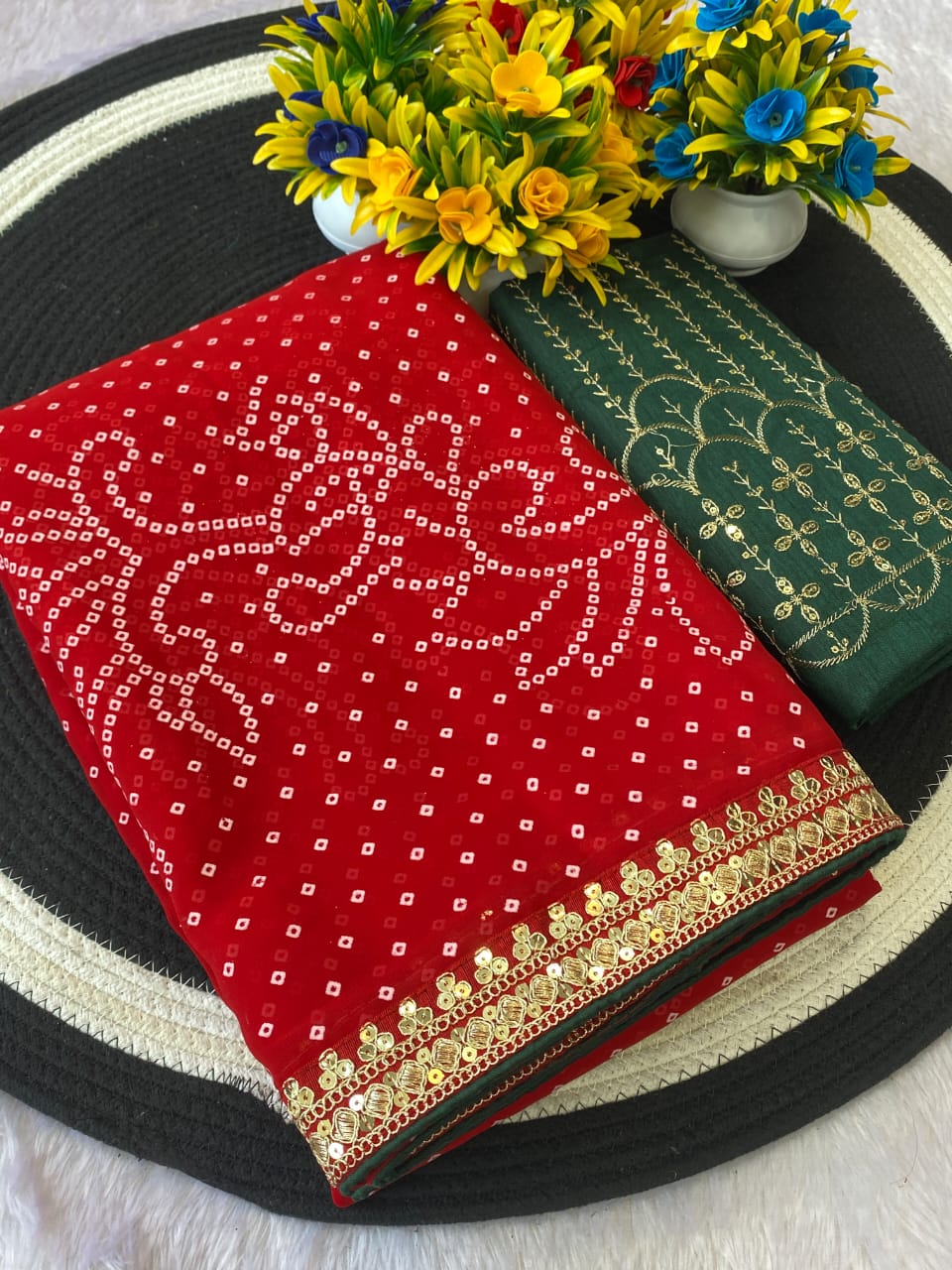 Red Color Georgette Bandhani Saree With Foil Print Work