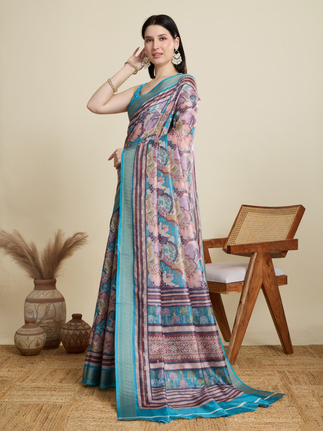 Multi Soft Cotton Saree With Digital Printed Pallu & Zari Border