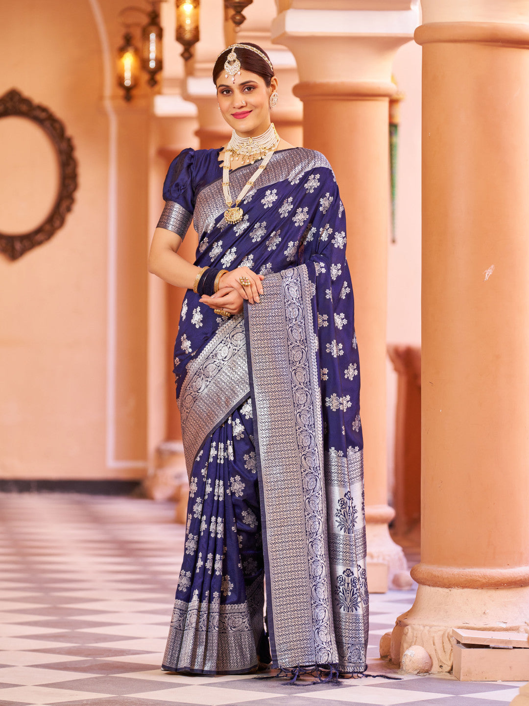 Navy Blue Color Soft Banarasi Silk Saree With Zari Weaving Work