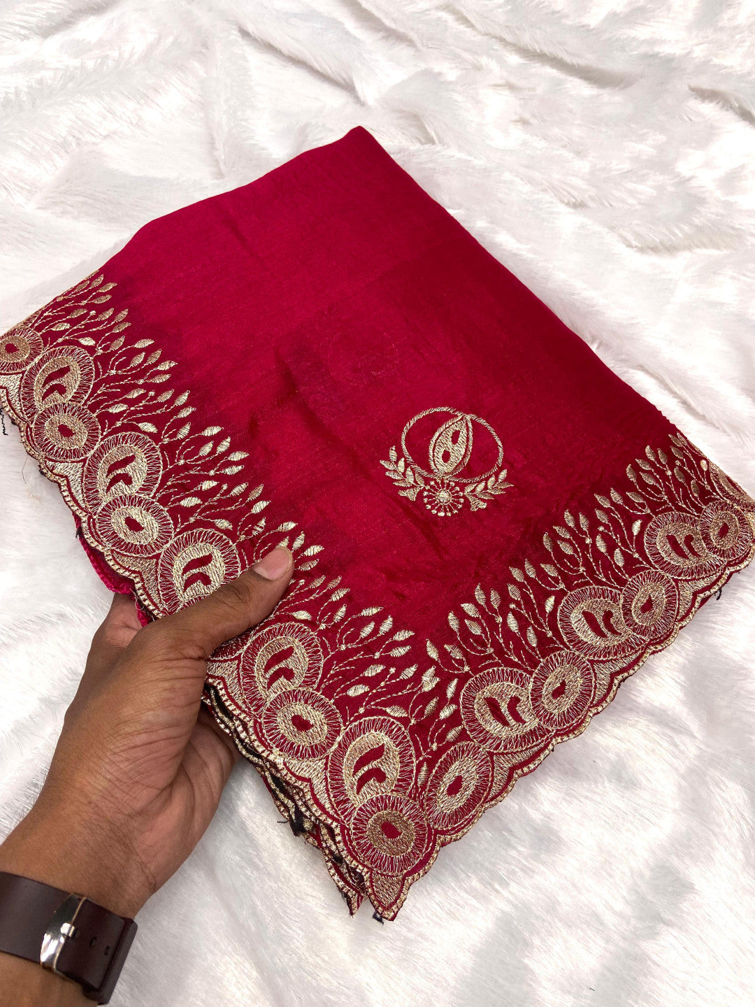 Fancy Pink Color Vichitra Silk Saree With Beautiful Cutwork & Embroidery Border
