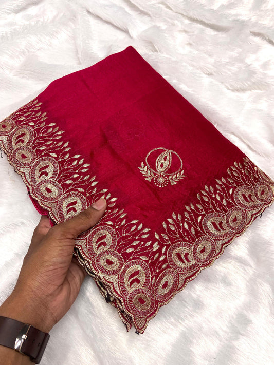 Fancy Pink Color Vichitra Silk Saree With Beautiful Cutwork & Embroidery Border