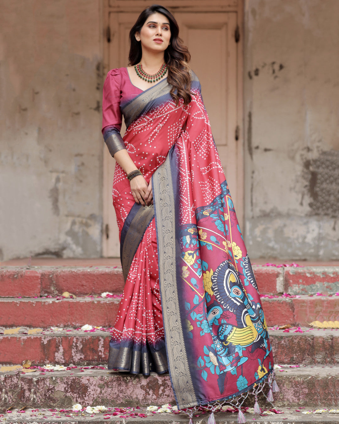 Pink Kalamkari Digital Printed Dola Silk Saree With Gold Zari Border