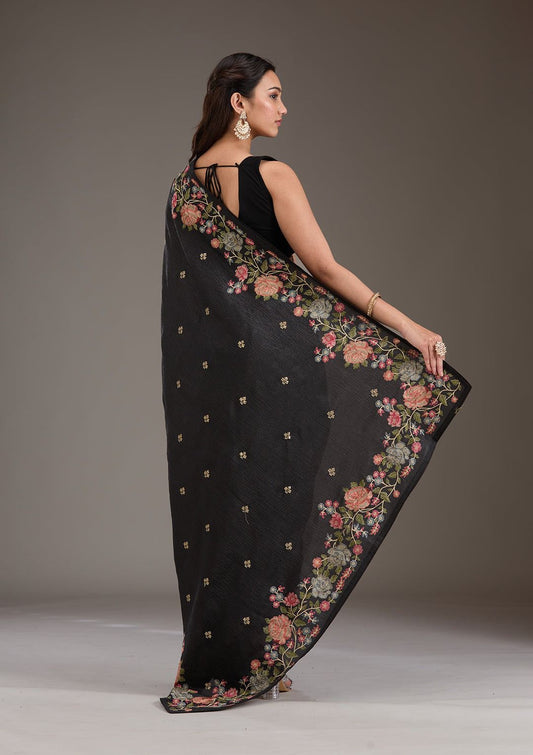 Black Fancy Crunchy Silk Saree With Multi Thread Work And Piping Lace Border