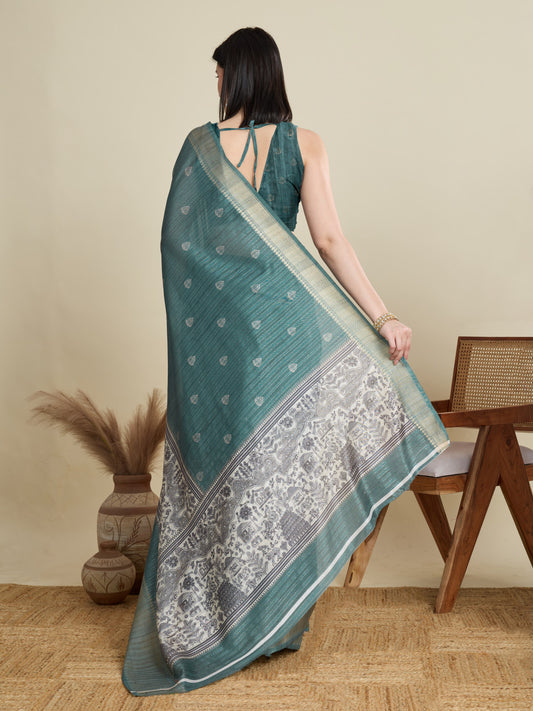 Green Soft Cotton Saree With Kalamkari Digital Printed Pallu & Zari Border