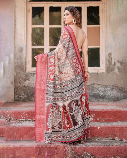 Multi Kalamkari Digital Printed Tussar Silk Saree With Zari Motif Border