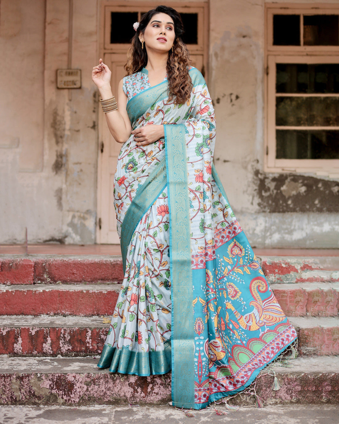 Sky Blue Kalamkari Digital Printed Dola Silk Saree With Gold Zari Border