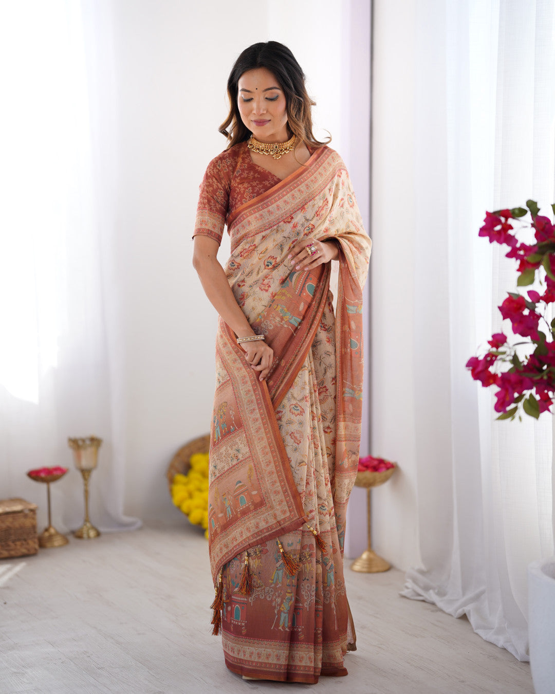 Multi Color Kalamkari Digital Printed Linen Cotton Saree