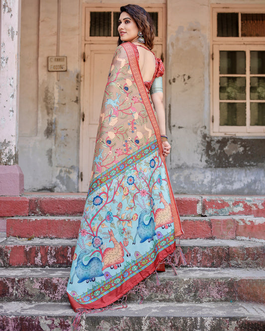 Beige Kalamkari Digital Printed Dola Silk Saree With Gold Zari Border