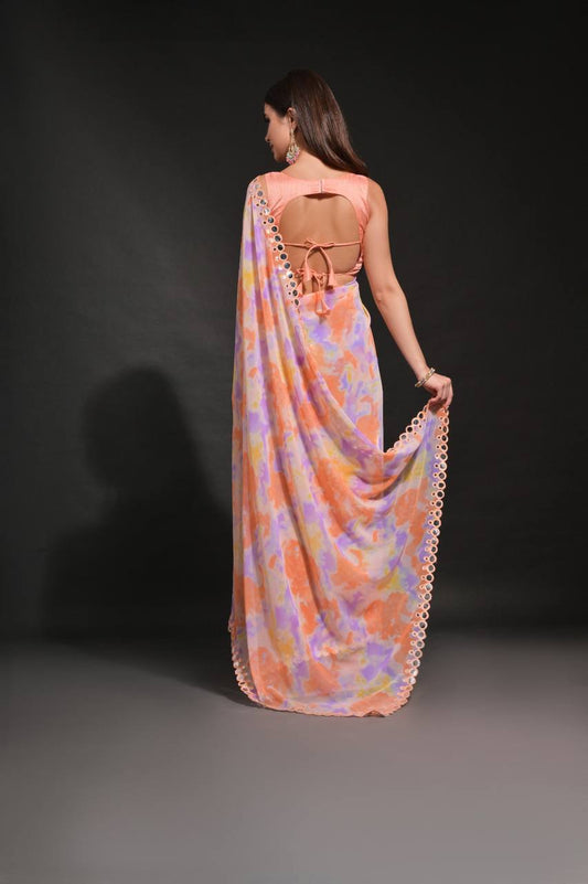 Orange Fancy Chiffon Silk Saree With Prizam Printed Work And Foil Mirror Work Border