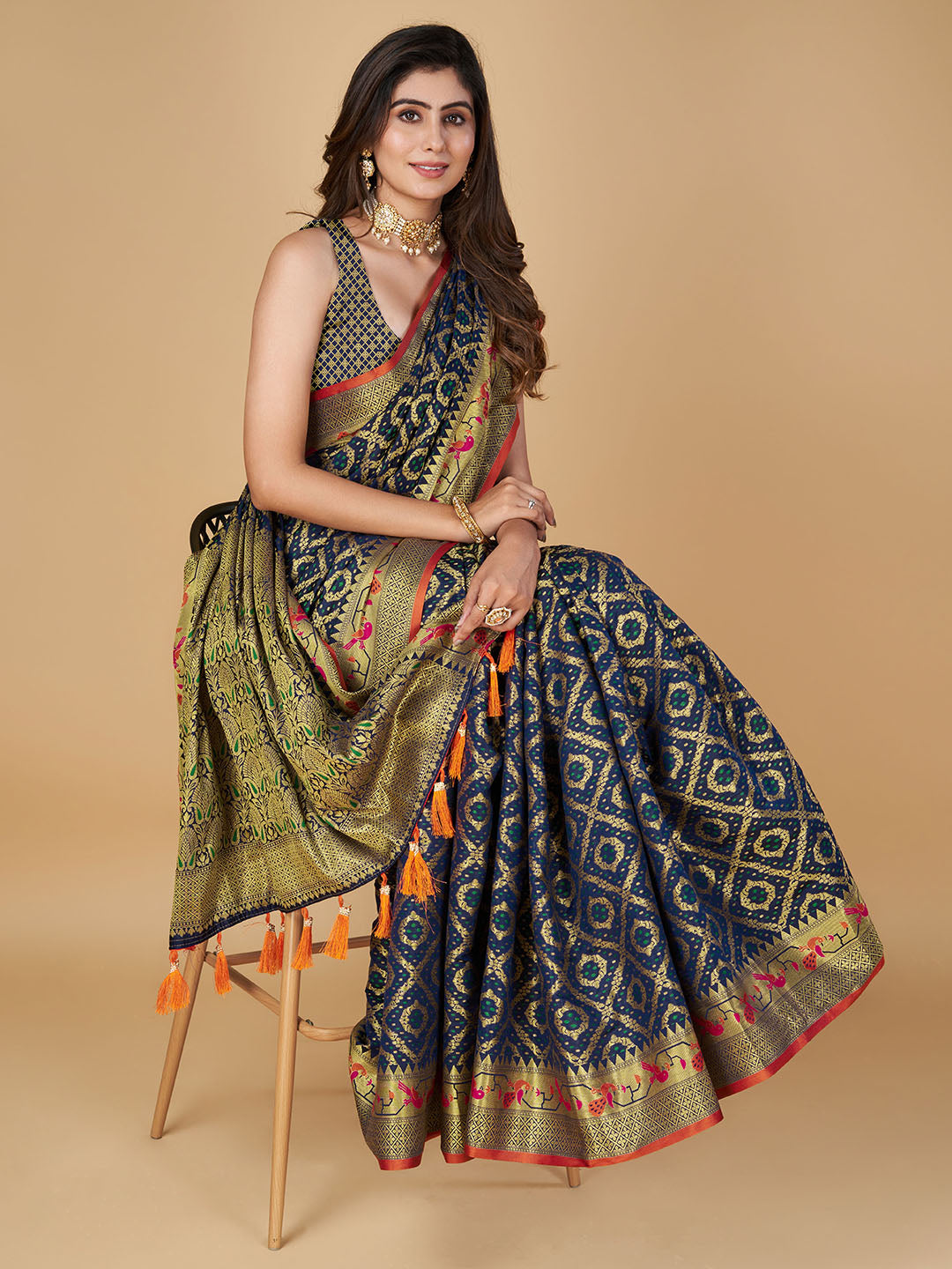 Navy Blue Color Patola Silk Saree With Zari Weaving Work